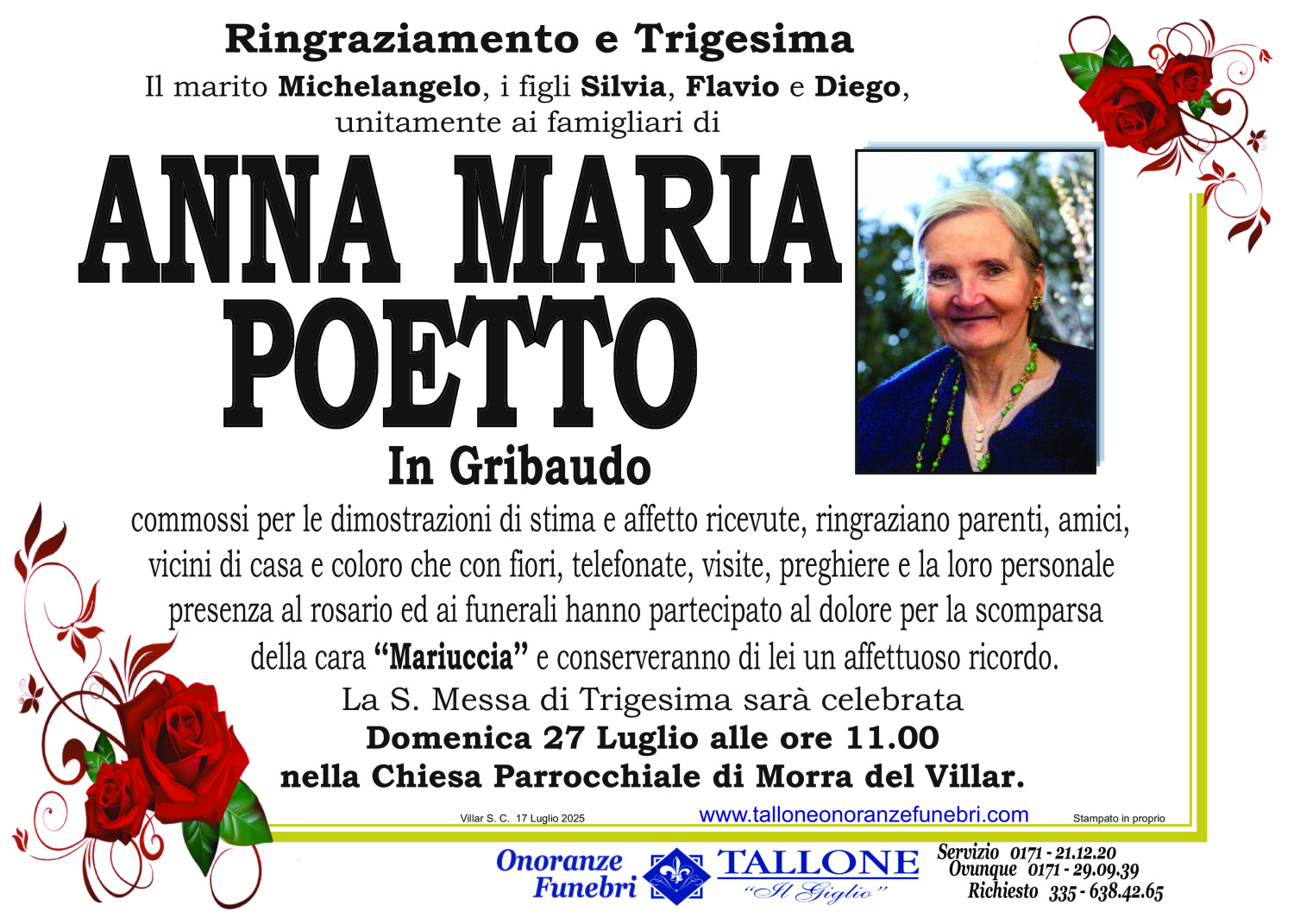 <br />
<b>Warning</b>:  Undefined variable $info in <b>/home/tallone/public_html/ringraziamenti.php</b> on line <b>68</b><br />
Anna Maria Poetto